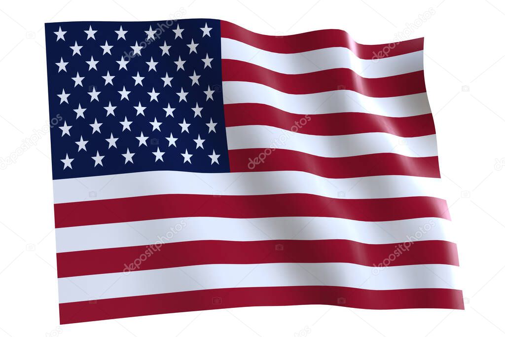 USA flag, the Stars and Stripes, 3d render. USA flag waving in the wind, isolated on white background. 