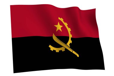Angola bayrağı, 3 boyutlu. Angola bayrağı rüzgarda dalgalanıyor, beyaz arka planda izole edilmiş.. 