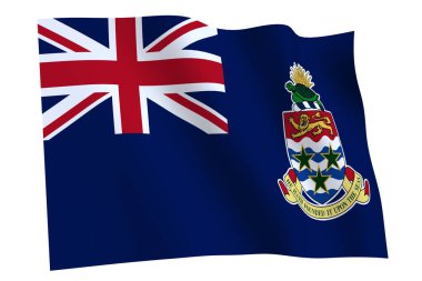 Cayman Adaları bayrağı, 3D. Beyaz arka planda izole edilmiş, rüzgarda dalgalanan Cayman Adaları bayrağı. 