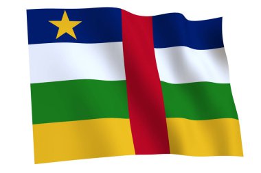 Orta Afrika Cumhuriyeti bayrağı, 3D. Beyaz arka planda izole edilmiş Orta Afrika Cumhuriyeti bayrağı rüzgarda dalgalanıyor..