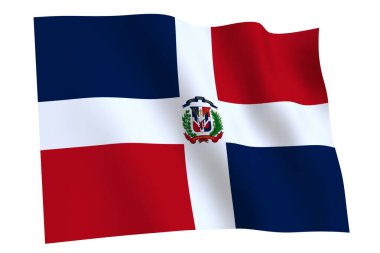 Dominik Cumhuriyeti bayrağı, 3D render. Dominik Cumhuriyeti bayrağı rüzgarda sallanıyor, beyaz arka planda izole edilmiş.. 