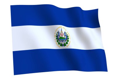 El Salvador bayrağı, 3 boyutlu. El Salvador bayrağı rüzgarda dalgalanıyor, beyaz arka planda izole edilmiş.. 