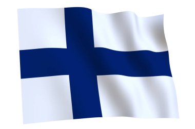 Finlandiya bayrağı, 3D görüntü. Finlandiya bayrağı rüzgarda sallanıyor, beyaz arka planda izole edilmiş.. 
