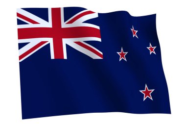 Yeni Zelanda bayrağı, 3D render. Beyaz arka planda izole edilmiş Yeni Zelanda bayrağı rüzgarda dalgalanıyor..