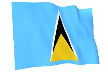 Aziz Lucia bayrağı, 3 boyutlu. Saint Lucia bayrağı rüzgarda sallanıyor, beyaz arka planda izole edilmiş..