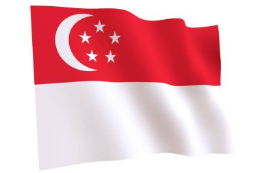 Singapur bayrağı, 3 boyutlu. Singapur bayrağı rüzgarda dalgalanıyor, beyaz arka planda izole edilmiş.. 