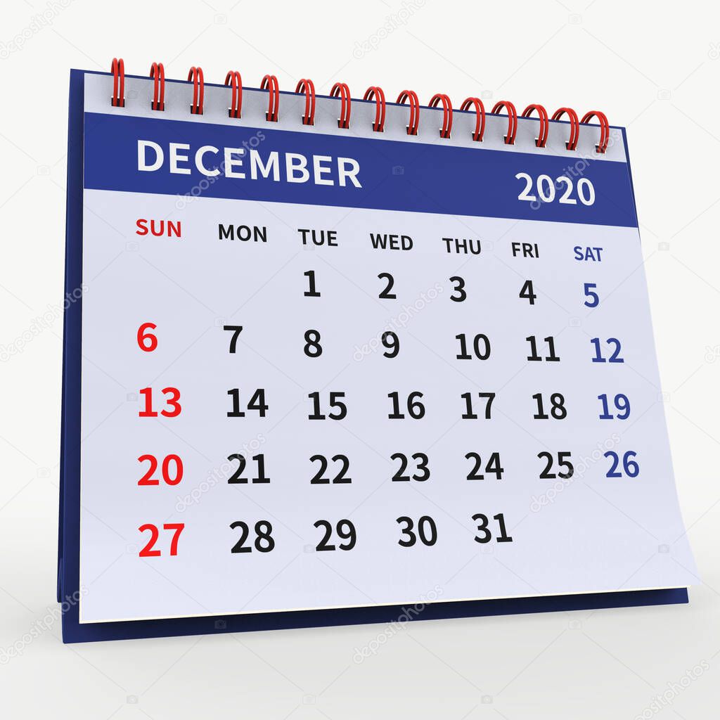 Standing Desk Calendar December 2020. Business monthly calendar with red spiral bound, week starts on Sunday. Monthly Pages on blue base, isolated on white background, 3d render.