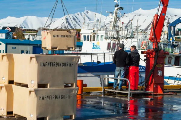 Balık iskeleye kutularıyla kaldırmak için bir vinç yardımıyla balıkçılar