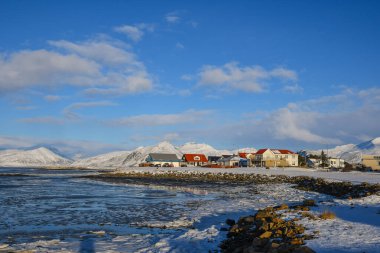 Winter day in coastal town of Hornafjordur in Iceland