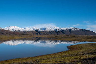 River Holmsa, Glacier Flaajokull and mountain and Flafjall mountain in south Iceland