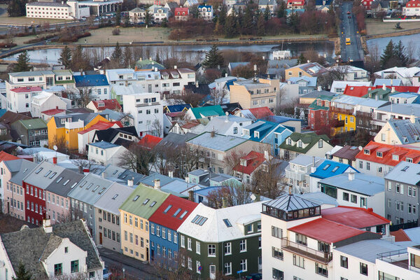 Aerial view of city center of Reykjavik in Iceland