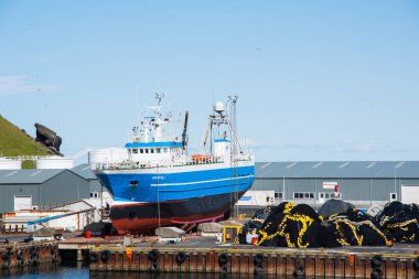Vestmannaeyjar Iceland - August 9. 2019: Trawler Brynjolfur in port of Vestmannaeyjar