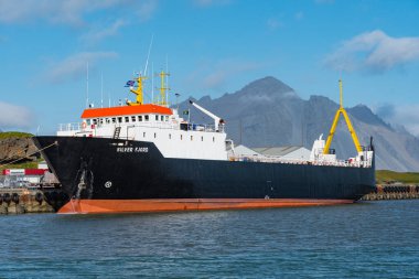 Hornafjordur Iceland - August 6. 2019: Reefer Silver fjord at the pier in port of Hornafjordur in Iceland