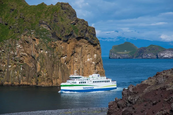 Vestmannaeyjar Iceland - August 9. 2019: Ferry Herjolfur entering island of Heimaey