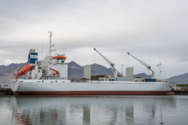 Hornafjordur İzlanda - 24 Temmuz. 2019: Güney İzlanda 'da Hornafjordur limanında kargo gemisi alma
