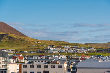 View over town of Heimaey in Iceland on a sunny summer day
