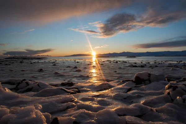 Pôr Sol Hornafjordur Islândia Sul Dia Inverno — Fotografia de Stock