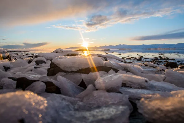 Naplemente Hornafjordur Fjord Dél Izlandon Egy Napos Téli Este — Stock Fotó