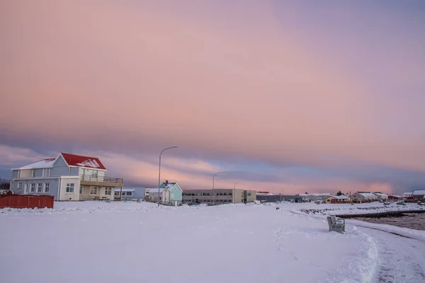 Noite Inverno Ensolarado Cidade Hofn Hornafjordur Sul Islândia — Fotografia de Stock