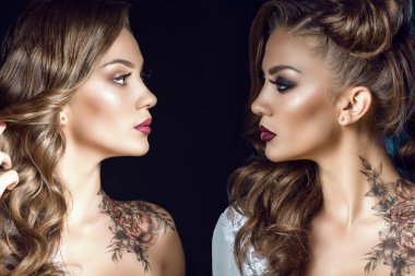 Close up portrait of two sides of the same woman with artistic make up, hairstyle and body art on her shoulder. One half symbolizes her good nature, another one is a dark side clipart