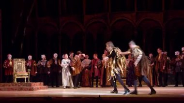 Dnipro, Ukrayna - 17 Şubat 2018: Klasik opera Rigoletto Dnipro Opera ve bale Tiyatrosu üyeleri tarafından gerçekleştirilen.