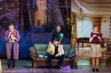 DNIPRO, UKRAINE - FEBRUARY 29, 2020: Comedy Trap by  Robert Thomas perfomed by members of the Youth Theater Mirror