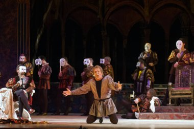 DNIPROPETROVSK, UKRAINE MAYIS 11: Dnepropetrovsk Devlet Opera ve Bale Tiyatrosu üyeleri 11 Mayıs 2012 'de Dnipropetrovsk, Ukrayna' da 