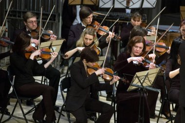 DNIPROPETROVSK, UKRAINE MARCH 12: Rus Drama Tiyatrosu kumpanyası tarafından 12 Mart 2011 'de Dnepropetrovsk, Ukrayna' da gerçekleştirilen televizyon müdahalesi. 