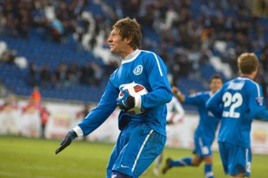 DNIPROPETROVSK, UKRAINE Mart, 6: Yevgen, FC Dnepr 'den Seleznyov, Uk' ları sırasında golünü kutluyor. Şampiyonluk maçı 6 Mart 2011 'de Dnipropetrovsk' ta FC Tavriya 'ya karşı. 