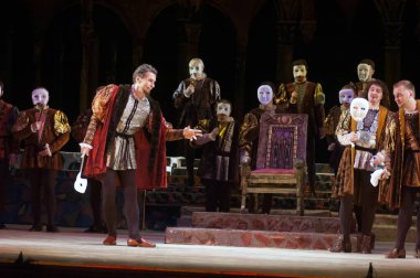 DNIPROPETROVSK, UKRAINE MAYIS 11: Dnepropetrovsk Devlet Opera ve Bale Tiyatrosu üyeleri 11 Mayıs 2012 'de Dnipropetrovsk, Ukrayna' da 