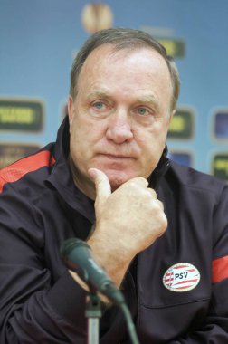 DNEPROPETROVSK, UKRAINE  SEPT. 19: Head Coach of FC PSV Dick Advocaatgives an interview before the match of UEFA Europa League FC Dnipro vs FC PSV on September 19, 2012 in Dnepropetrovsk, Ukraine