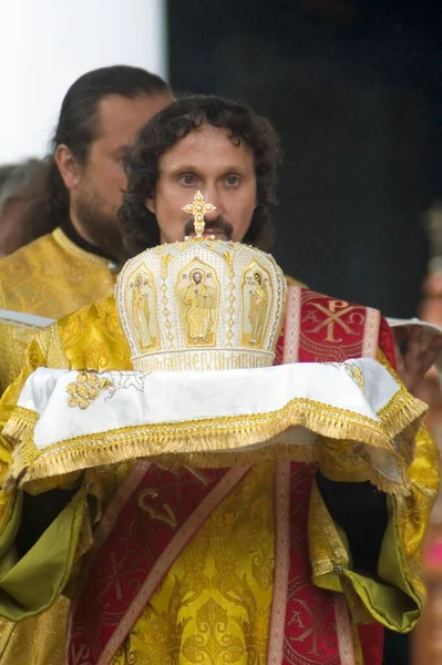 Dnipropetrovsk Ukrajina Července Ortodoxní Kněz Při Obřadu Božské Liturgie Preobrazenském — Stock fotografie