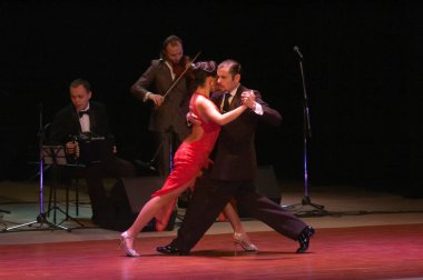 DNIPROPETROVSK, UKRAINE NOVEMBER 22: Dansçılar Janina Quinones ve Neri Piliu (Arjantin, Buenos Aires) 22 Kasım 2012 tarihinde Dnipropetrovsk, Ukrayna 'da düzenlenen World Stars Tango gösterisinde
