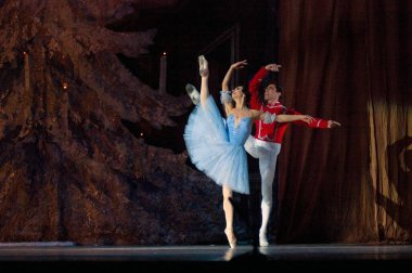 DNEPROPETROVSK, UKRAINE - 18 Şubat 2011 'de Dnepropetrovsk, Ukrayna' da Dnepropetrovsk Opera ve Bale Tiyatrosu 'nda ünlü dansçılar Anna Dorosh ve Maxim Chepik.