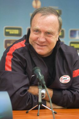 DNEPROPETROVSK, UKRAINE  SEPT. 19: Head Coach of FC PSV Dick Advocaatgives an interview before the match of UEFA Europa League FC Dnipro vs FC PSV on September 19, 2012 in Dnepropetrovsk, Ukraine