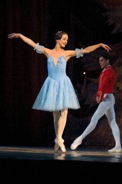 DNEPROPETROVSK, UKRAINE - 18 Şubat 2011 'de Dnepropetrovsk, Ukrayna' da Dnepropetrovsk Opera ve Bale Tiyatrosu 'nda ünlü dansçılar Anna Dorosh ve Maxim Chepik.