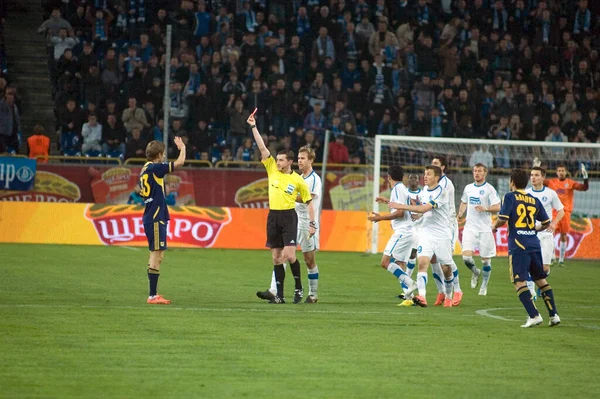 Dnipropetrovsk Ukraine Avril Yuriy Mozharovskiy Arbitre Présente Carton Jaune Marko — Photo