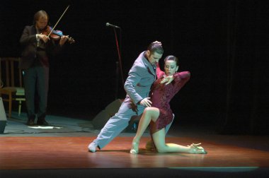 DNIPROPETROVSK, UKRAINE - 4 Aralık 2013 'te Dnipropetrovsk, Ukrayna' da düzenlenen World Stars Tango gösterisinde dansçılar Janina Quinones ve Neri Piliu (Arjantin, Buenos Aires)