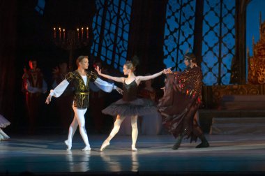 DNEPROPETROVSK, UKRAINE - 29 Mart 2014 'te Dnepropetrovsk, Ukrayna' da Dnepropetrovsk Opera ve Bale Tiyatrosu tarafından sahnelenen Kuğu Gölü balesi