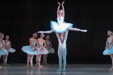 DNIPROPETROVSK, UKRAINE - 28 Aralık 2012 'de Ukrayna' nın Dnipropetrovsk kentinde Dnepropetrovsk Opera ve Bale Tiyatrosu tarafından sahnelenen Kuğu Gölü balesi.
