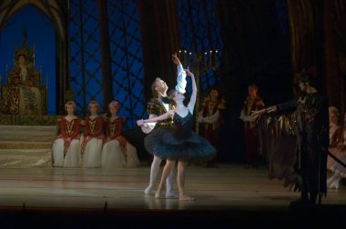 DNEPROPETROVSK, UKRAINE - 29 Mart 2014 'te Dnepropetrovsk, Ukrayna' da Dnepropetrovsk Opera ve Bale Tiyatrosu tarafından sahnelenen Kuğu Gölü balesi