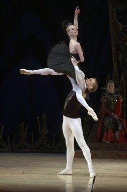 DNIPROPETROVSK, UKRAINE - 28 Aralık 2012 'de Ukrayna' nın Dnipropetrovsk kentinde Dnepropetrovsk Opera ve Bale Tiyatrosu tarafından sahnelenen Kuğu Gölü balesi.