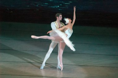 DNEPROPETROVSK, UKRAINE - 27 Nisan: Dnepropetrovsk Opera ve Bale Tiyatrosu tarafından 27 Nisan 2014 'te Dnepropetrovsk, Ukrayna' da gerçekleştirilen Kuğu Gölü balesi