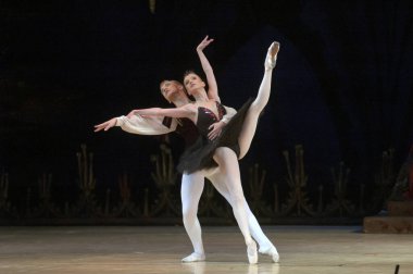 DNIPROPETROVSK, UKRAINE - 28 Aralık 2012 'de Ukrayna' nın Dnipropetrovsk kentinde Dnepropetrovsk Opera ve Bale Tiyatrosu tarafından sahnelenen Kuğu Gölü balesi.