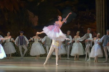 DNEPROPETROVSK, UKRAINE - 29 Mart 2014 'te Dnepropetrovsk, Ukrayna' da Dnepropetrovsk Opera ve Bale Tiyatrosu tarafından sahnelenen Kuğu Gölü balesi