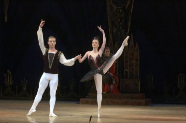 DNIPROPETROVSK, UKRAINE - 28 Aralık 2012 'de Ukrayna' nın Dnipropetrovsk kentinde Dnepropetrovsk Opera ve Bale Tiyatrosu tarafından sahnelenen Kuğu Gölü balesi.
