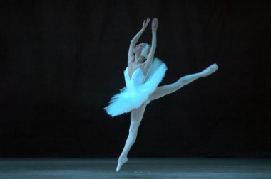 DNIPROPETROVSK, UKRAINE - 28 Aralık 2012 'de Ukrayna' nın Dnipropetrovsk kentinde Dnepropetrovsk Opera ve Bale Tiyatrosu tarafından sahnelenen Kuğu Gölü balesi.