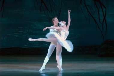 DNEPROPETROVSK, UKRAINE - 29 Mart 2014 'te Dnepropetrovsk, Ukrayna' da Dnepropetrovsk Opera ve Bale Tiyatrosu tarafından sahnelenen Kuğu Gölü balesi