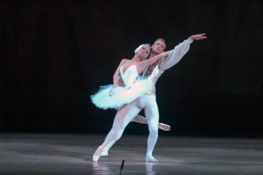 DNIPROPETROVSK, UKRAINE - 28 Aralık 2012 'de Ukrayna' nın Dnipropetrovsk kentinde Dnepropetrovsk Opera ve Bale Tiyatrosu tarafından sahnelenen Kuğu Gölü balesi.
