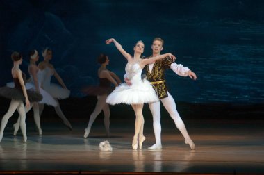 DNEPROPETROVSK, UKRAINE - 29 Mart 2014 'te Dnepropetrovsk, Ukrayna' da Dnepropetrovsk Opera ve Bale Tiyatrosu tarafından sahnelenen Kuğu Gölü balesi